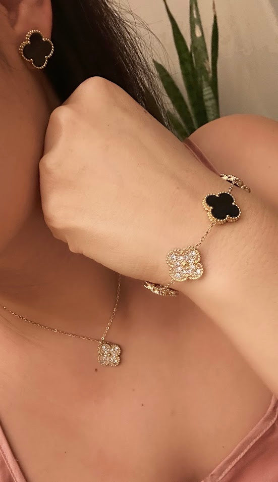 Clover Collection-3 Piece Set Double Sided Black and Zircon Necklace, Earrings, and Bracelet