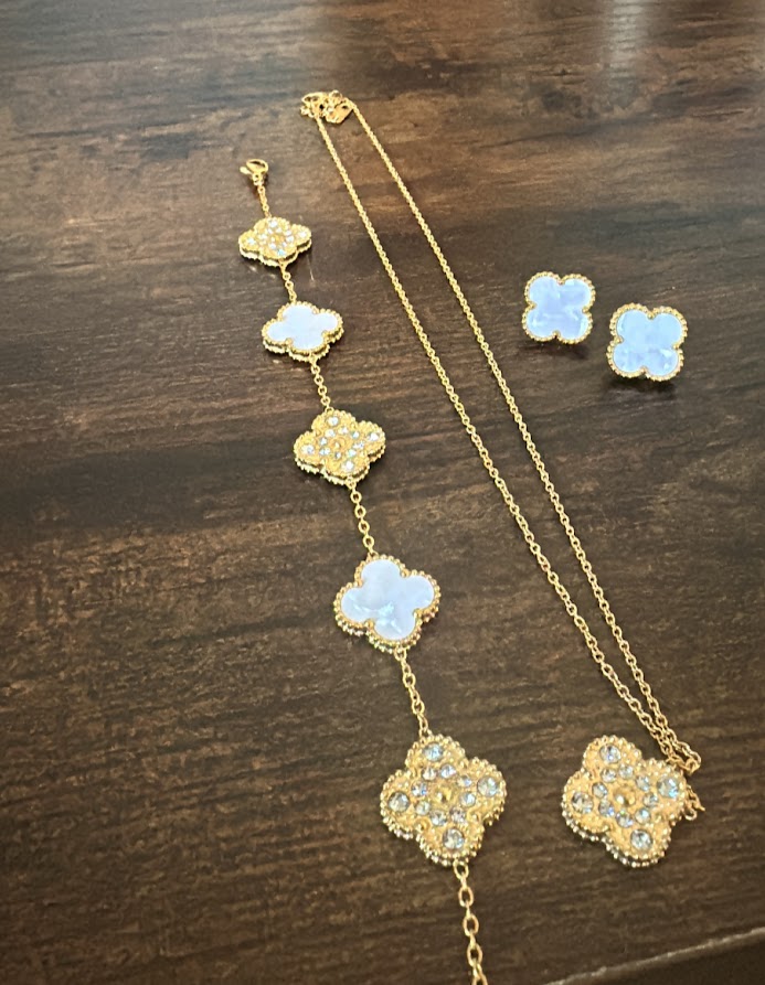 Clover Collection-3 Piece Set Double Sided Pearl White and Zircon Necklace, Earrings, and Bracelet