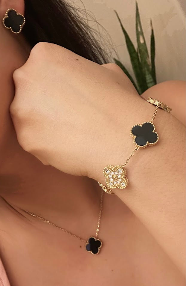 Clover Collection-3 Piece Set Double Sided Black and Zircon Necklace, Earrings, and Bracelet
