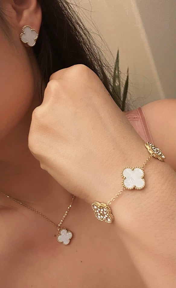 Clover Collection-3 Piece Set Double Sided Pearl White and Zircon Necklace, Earrings, and Bracelet