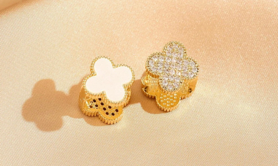 Clover Collection-Double Sided Pearl White, Black, or Green Earrings with Zircon