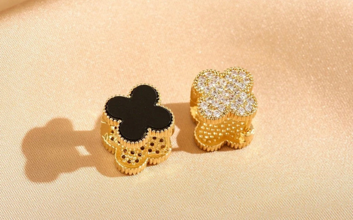 Clover Collection-Double Sided Pearl White, Black, or Green Earrings with Zircon