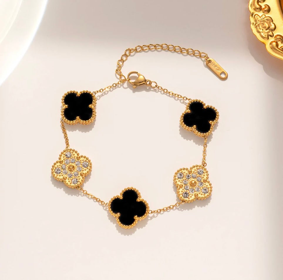Clover Collection-3 Piece Set Double Sided Black and Zircon Necklace, Earrings, and Bracelet