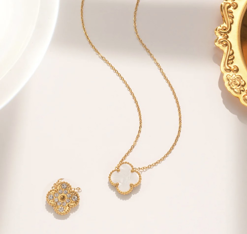 Clover Collection-3 Piece Set Double Sided Pearl White and Zircon Necklace, Earrings, and Bracelet