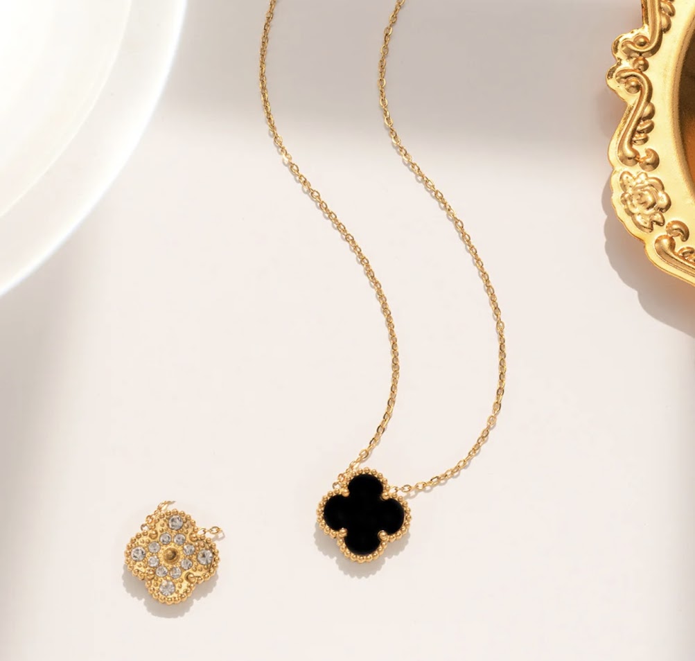 Clover Collection-3 Piece Set Double Sided Black and Zircon Necklace, Earrings, and Bracelet