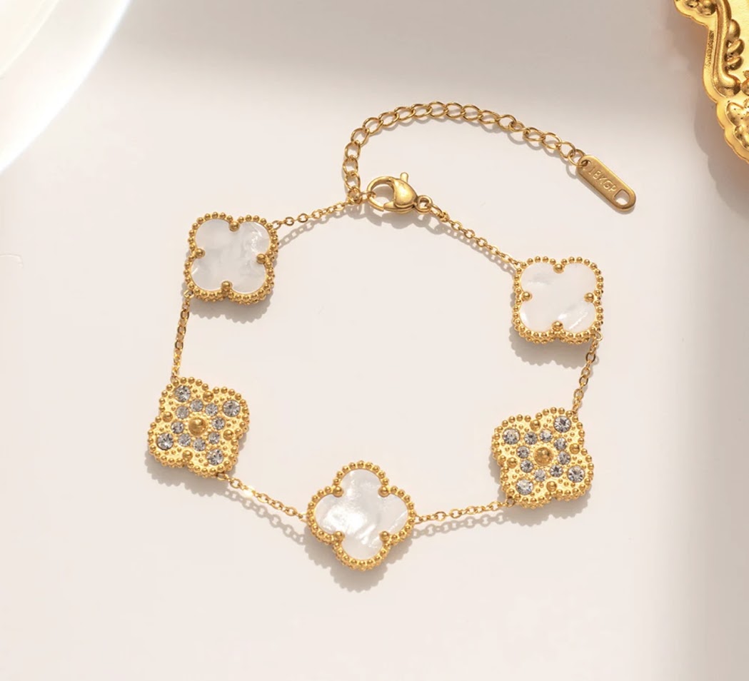 Clover Collection-3 Piece Set Double Sided Pearl White and Zircon Necklace, Earrings, and Bracelet