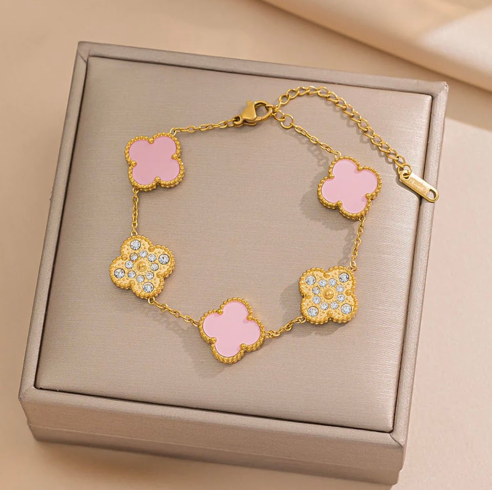 Clover Collection-3 Piece Set Double Sided Pink and Zircon Necklace, Earrings, and Bracelet