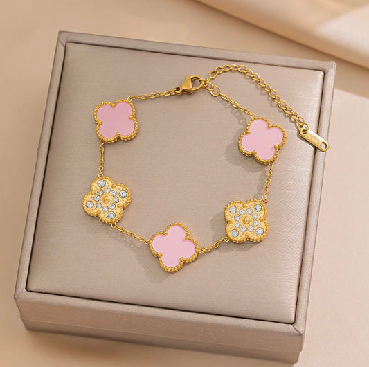 Clover Collection-3 Piece Set Double Sided Pink and Zircon Necklace, Earrings, and Bracelet