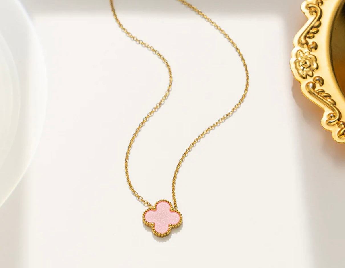 Clover Collection-3 Piece Set Double Sided Pink and Zircon Necklace, Earrings, and Bracelet