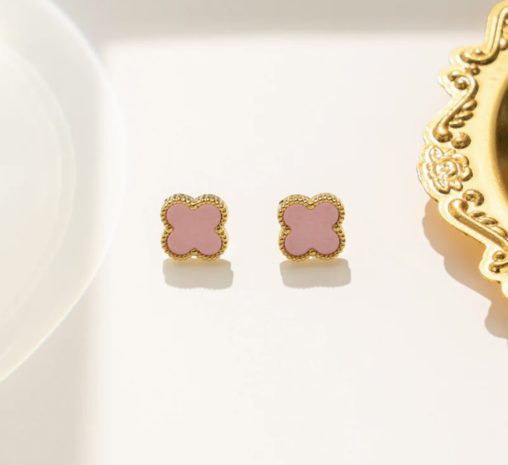 Clover Collection-3 Piece Set Double Sided Pink and Zircon Necklace, Earrings, and Bracelet