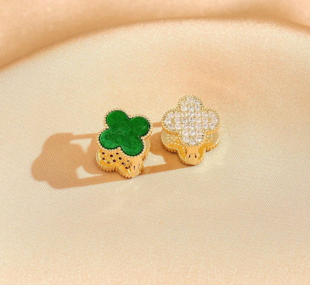 Clover Collection-Double Sided Pearl White, Black, or Green Earrings with Zircon