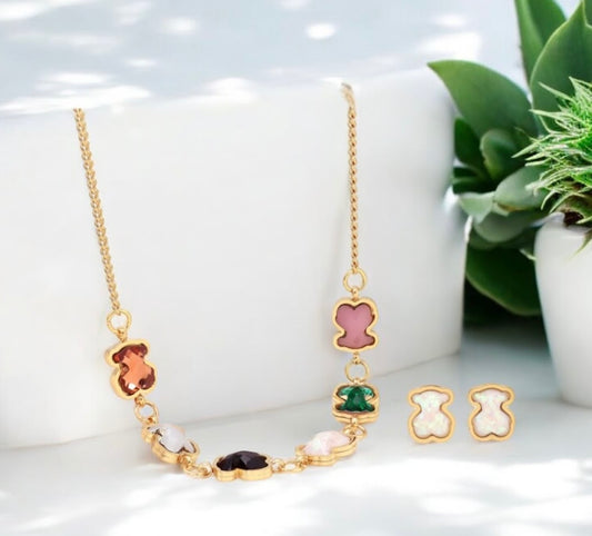 Bear Collection-Colorful Stones Necklace and Earrings Set