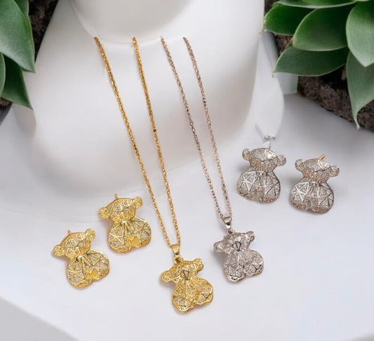 Bear Collection-Gold or Silver Necklace and Earrings